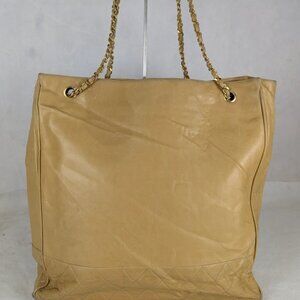 CHANEL Leather Matelasse Chain Shoulder Bag Lamb Skin Beige CC Auth